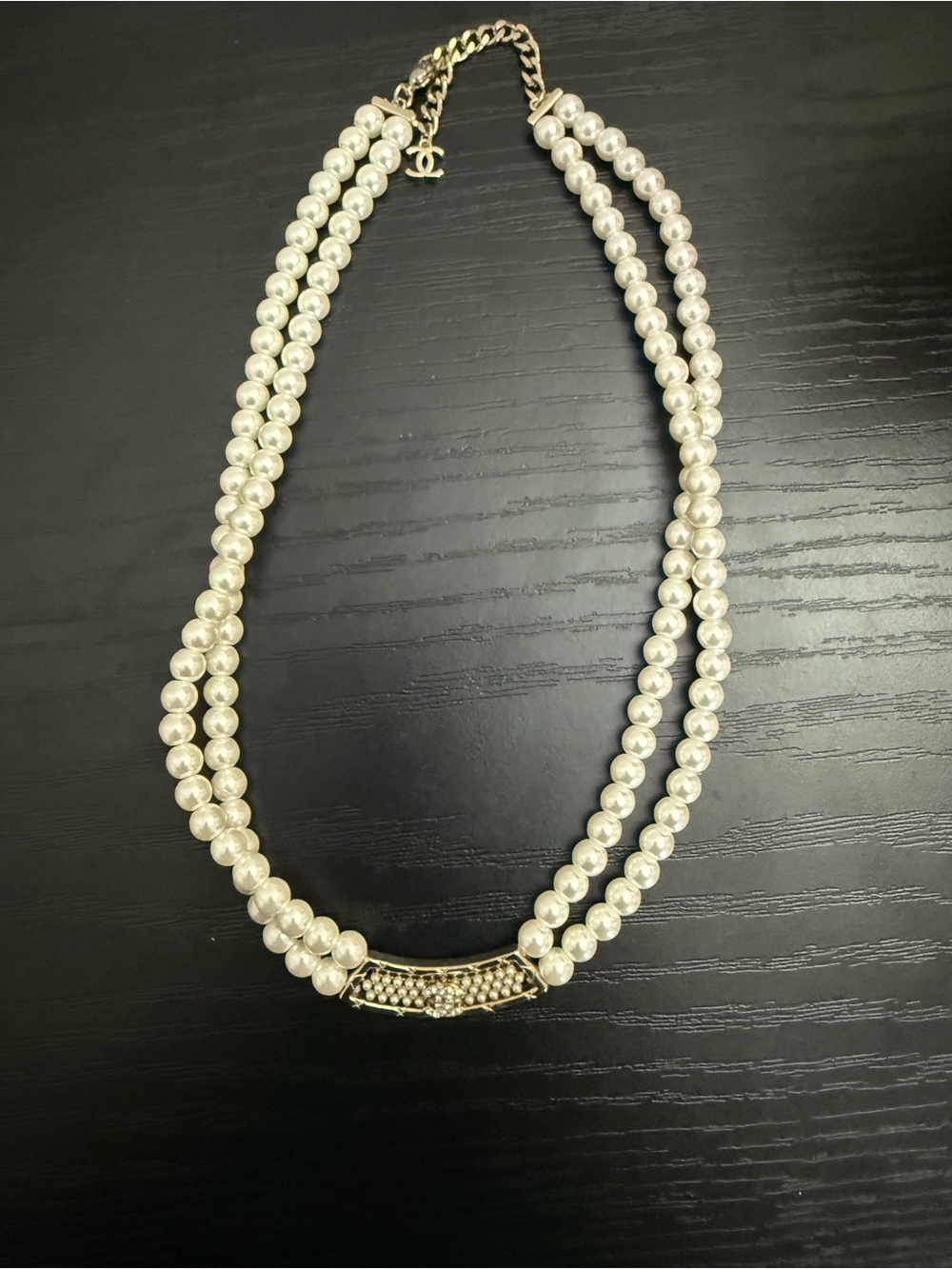 CHANEL White Pearl Double Strand Necklace with Gold Accents